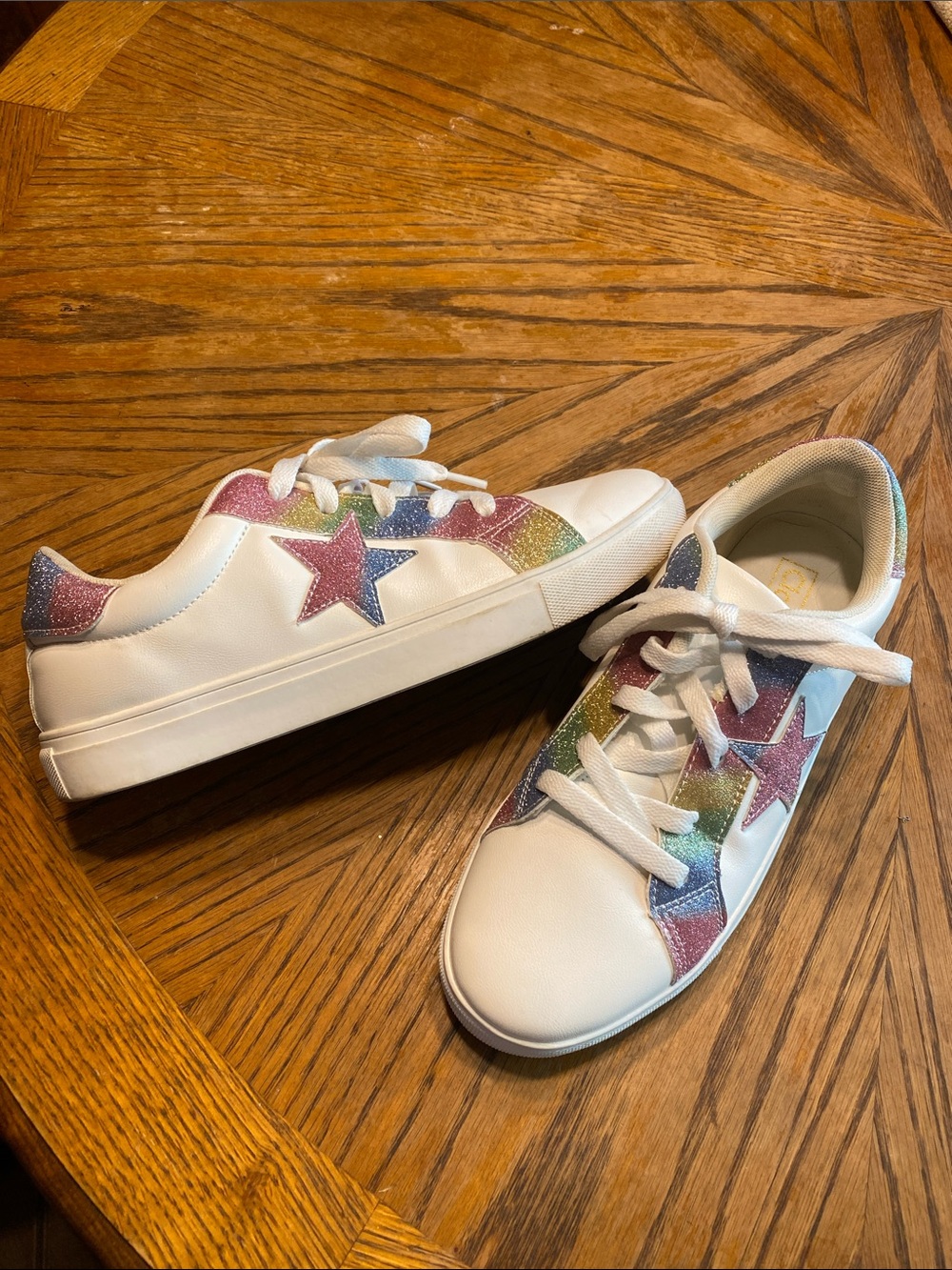 Women’s White Sneakers with Rainbow Glitter Stars